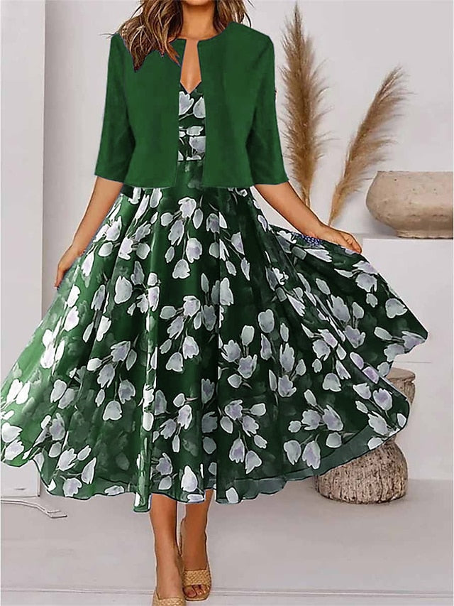 Women's Dress - Two Piece Dress Set Casual Dress Chiffon Dress Outdoor Daily Fashion Elegant Print Midi Dress V Neck Half Sleeve Floral Regular Fit Navy Blue Purple Green Summer Spring S M L XL XXL