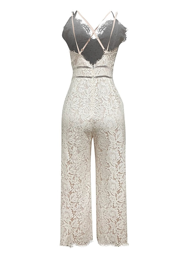 Women‘s Casual Party Street Holiday Deep V 2023 White Black Wine Jumpsuit Solid Color Zipper - LuckyFash™