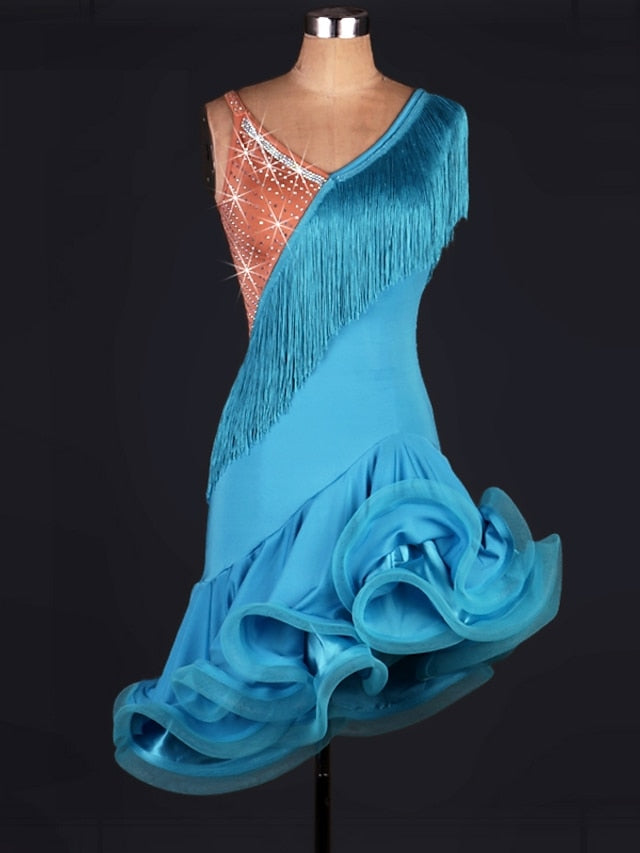Latin Dance Dress Tassel Crystals / Rhinestones Women's Training Performance Sleeveless High Spandex Tulle - LuckyFash™