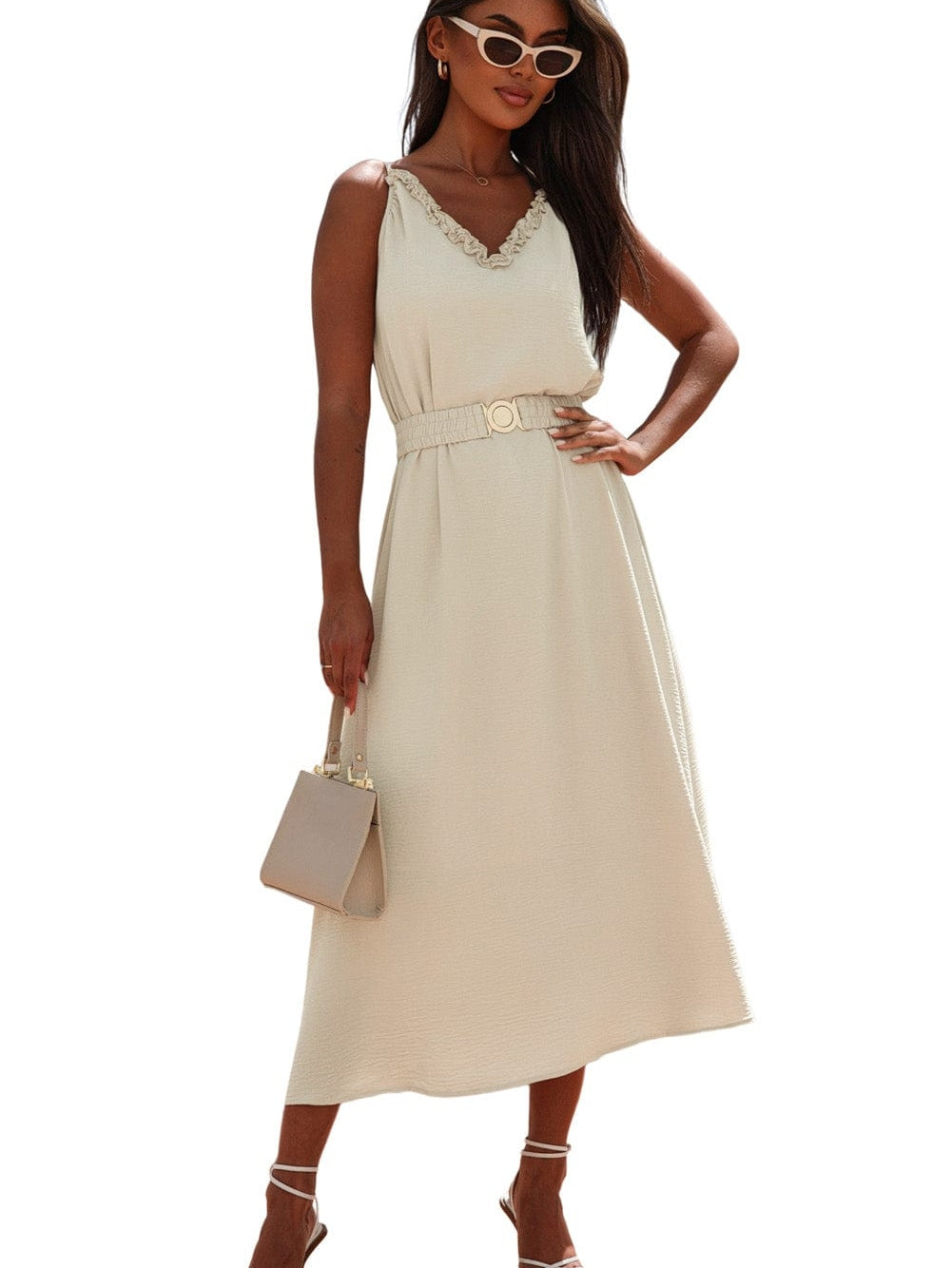 Elegant Apricot Maxi Dress with V-Neckline and Elastic Belt