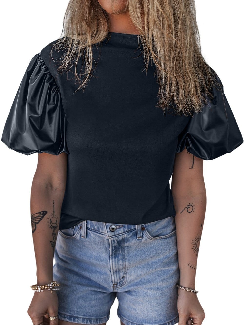 Elegant Black Faux Leather Puff Sleeve Top with Stand Neck