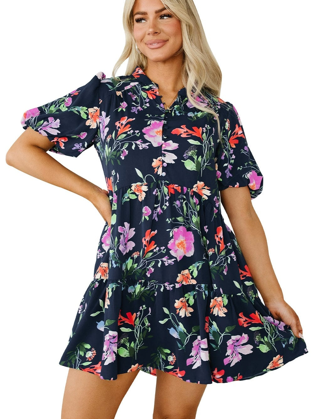 Elegant Black Floral Bubble Sleeve A-Line Dress with Mandarin Collar
