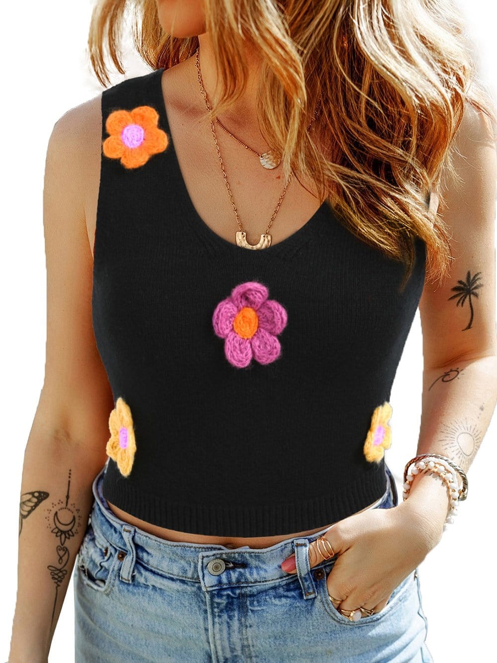 Elegant Black Floral Embroidered Sleeveless Vest Sweater