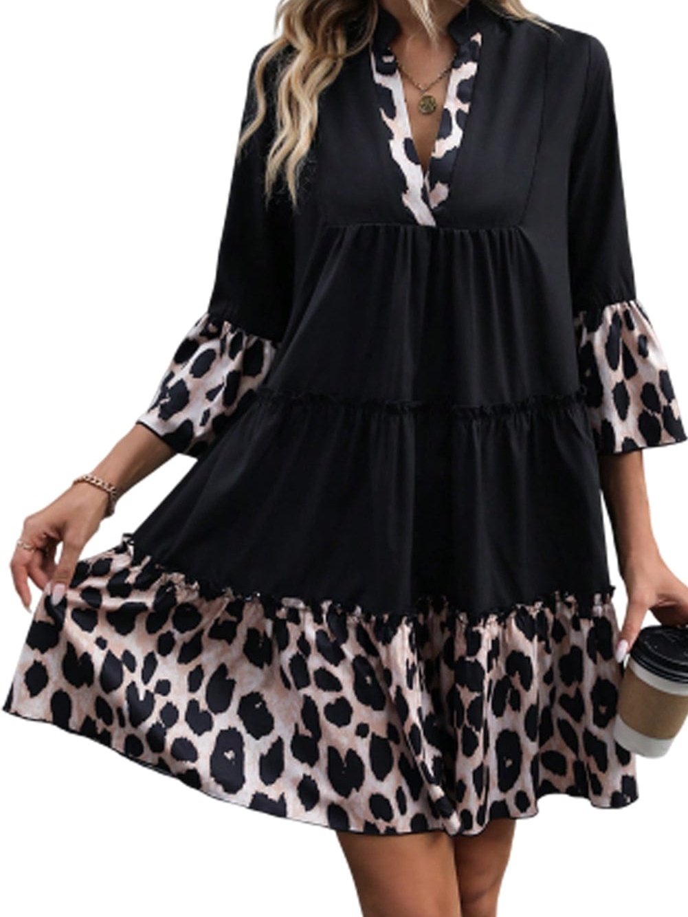 Elegant Black Leopard V Neck Ruffled Sleeve Mini Dress