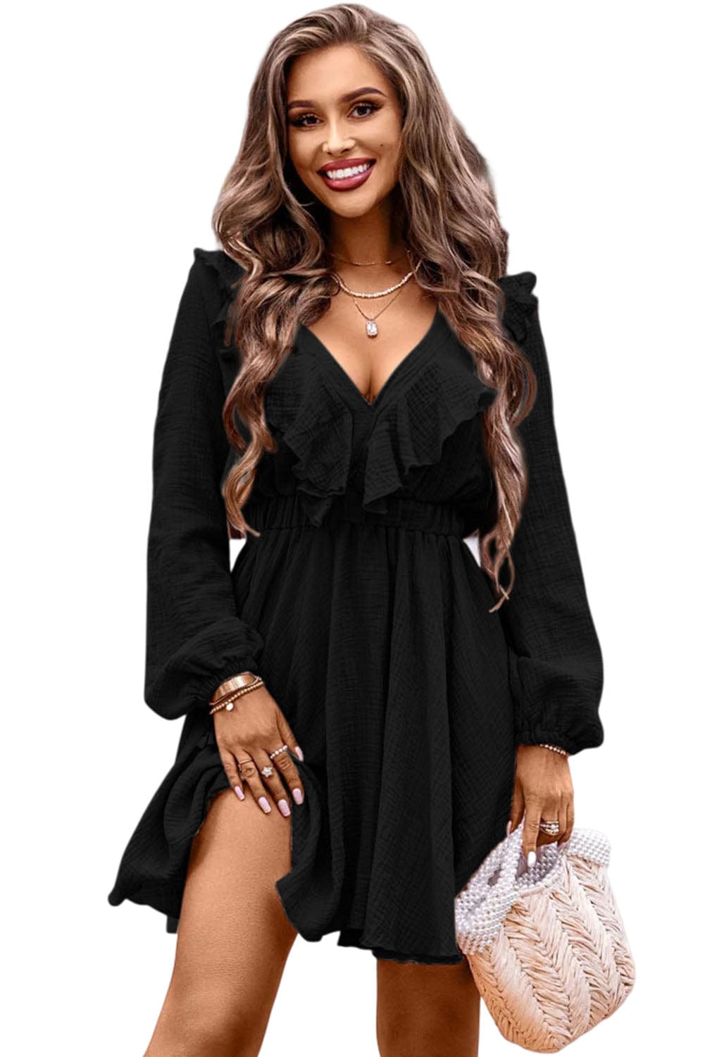 Elegant Black Ruffle V-Neck High Waist Mini Dress