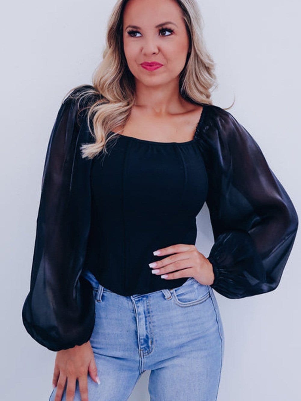 Elegant Black Sheer Lantern Sleeve Square Neck Blouse