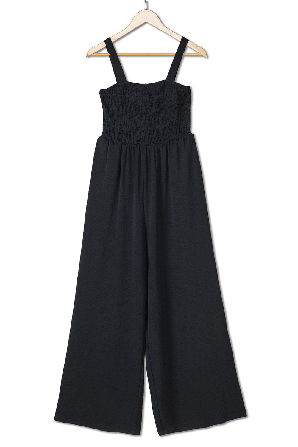 Elegant Black Smocked Sleeveless Jumpsuit with Wide Leg and Chic Details