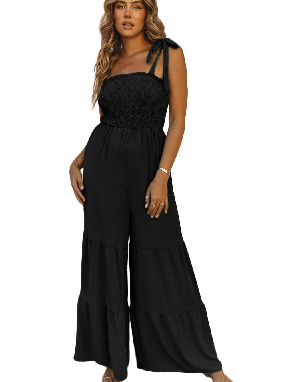 Elegant Black Tiered Wide Leg Jumpsuit with Tie Straps
