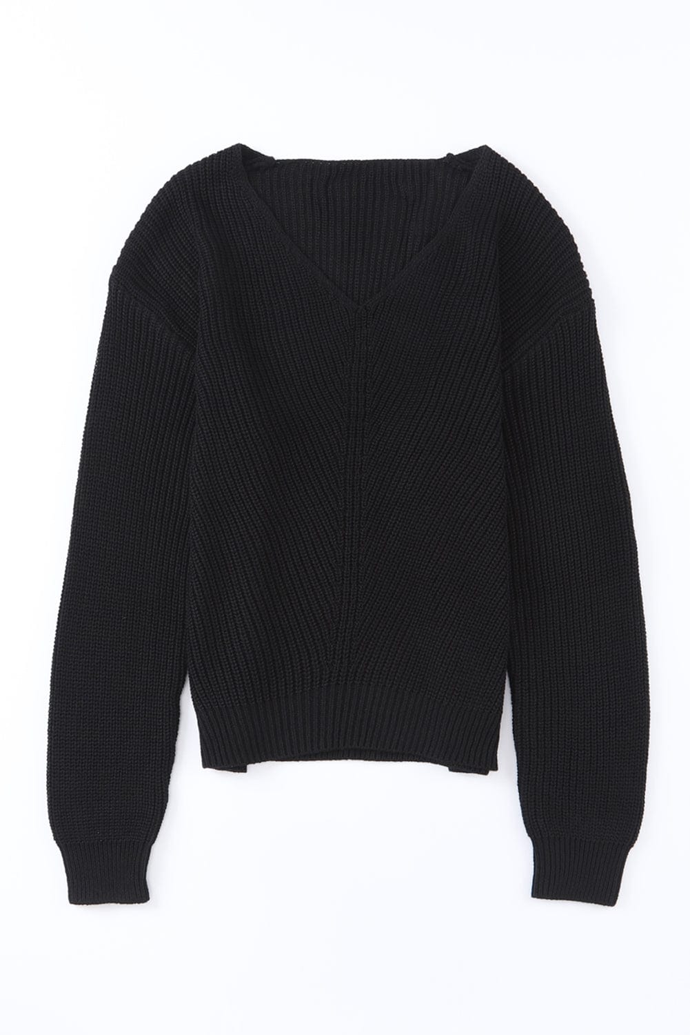 Elegant Black V-Neck Ribbed Knit Sweater