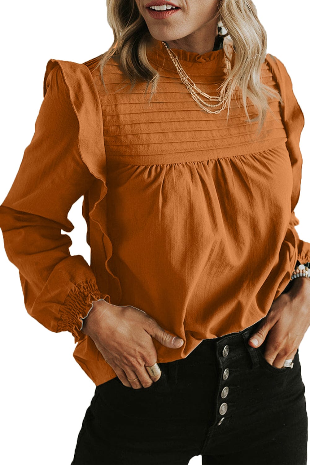 Elegant Camel Ruffle Sleeve Stand Neck Blouse