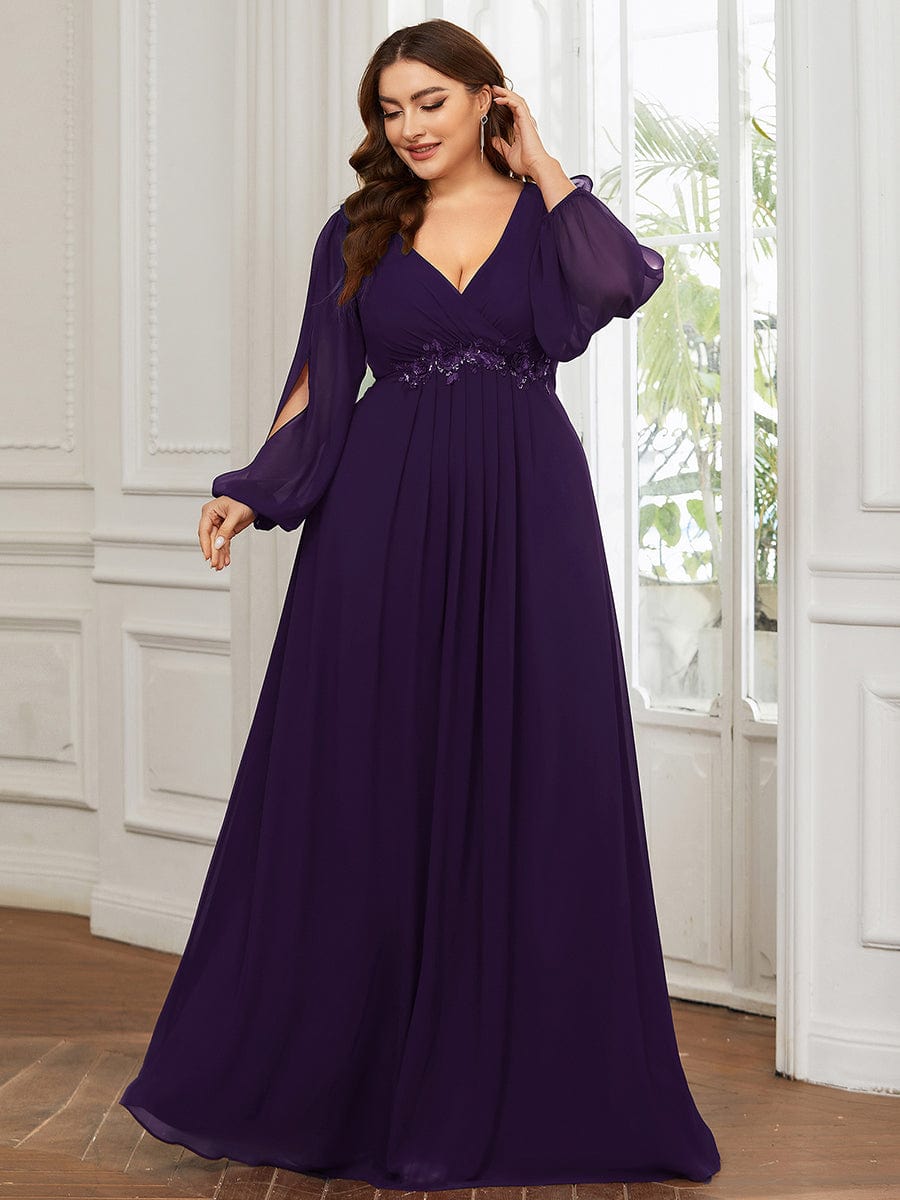 Elegant Chiffon Plus Size Evening Gown with Long Lantern Sleeves