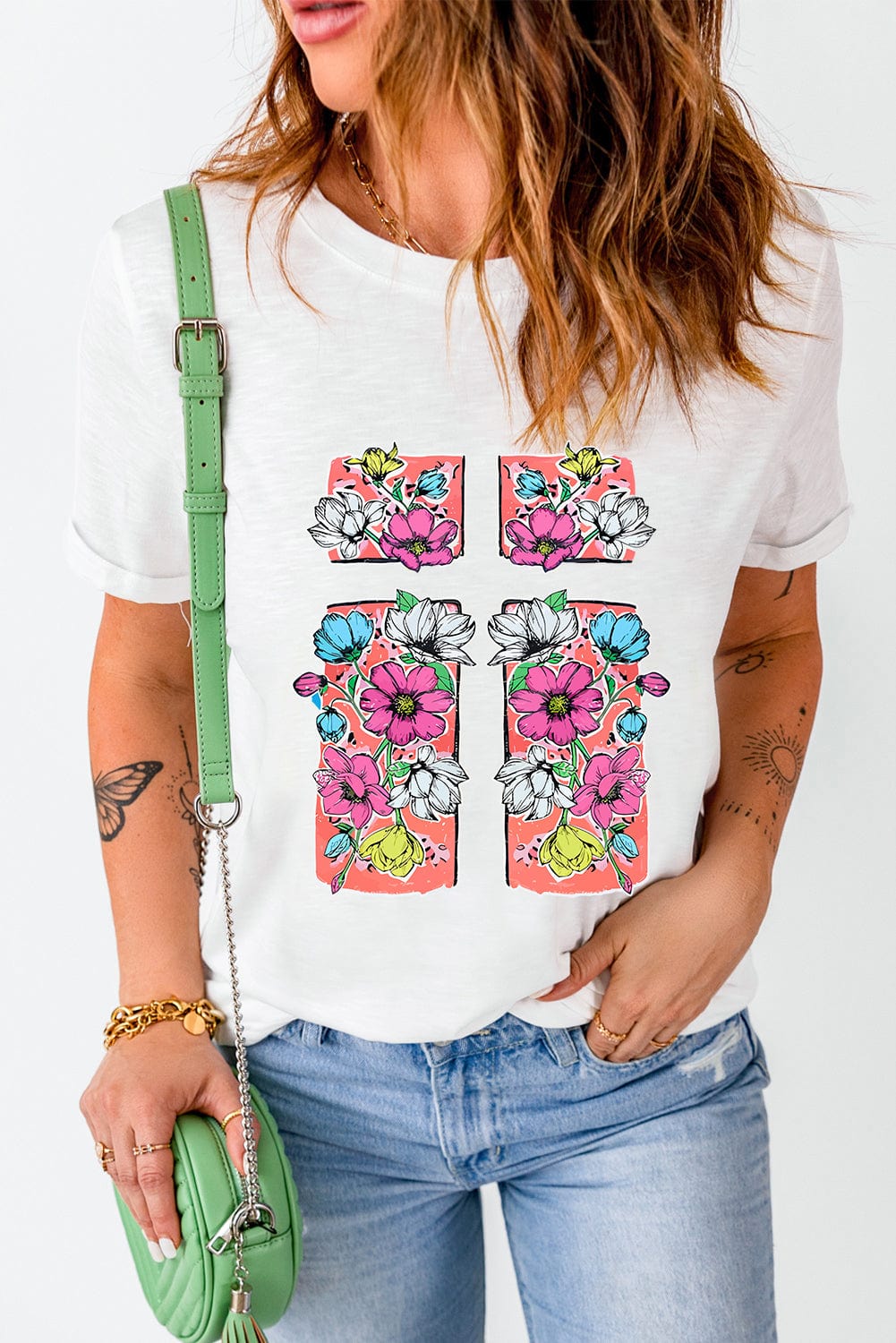 Elegant Cross and Floral Graphic White Easter Tee