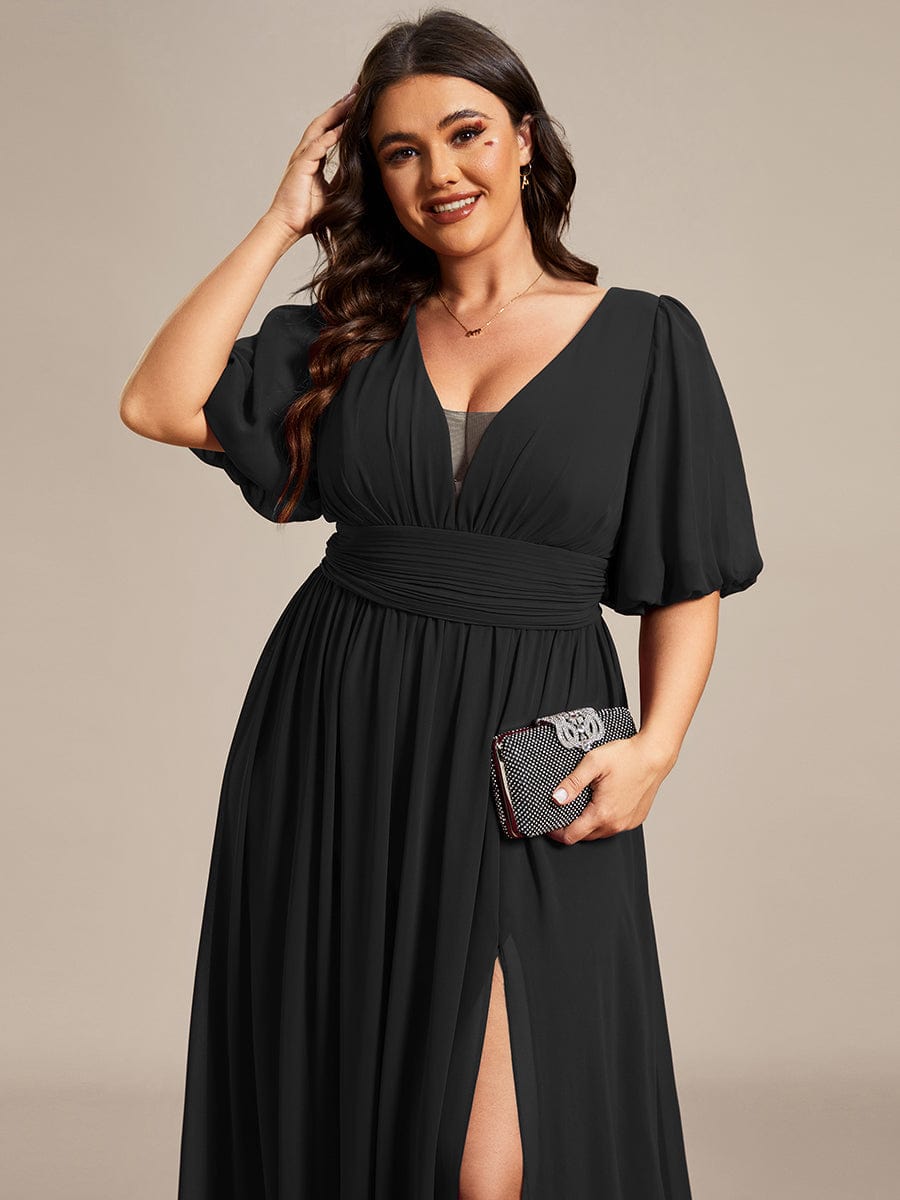 Elegant Deep V-Neck A-Line Bridesmaid Dress with Half Puff Sleeves