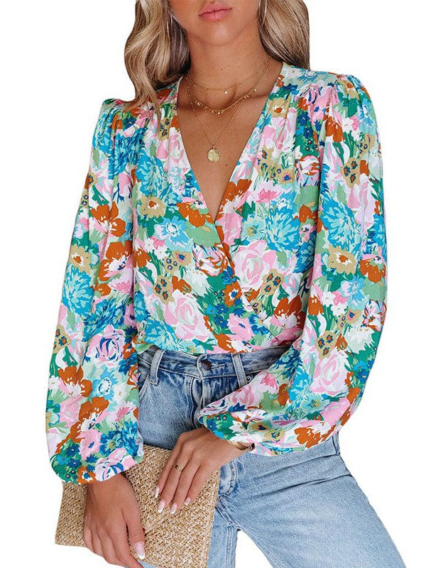 Elegant Floral Print Deep V-Neck Jumpsuit with Long Sleeves and Plant Flower Print