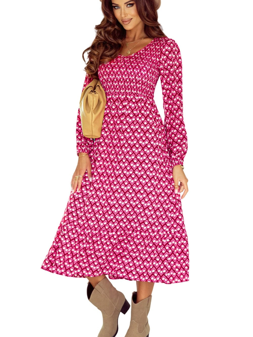 Elegant Geometric Print Smocked V Neck Maxi Dress