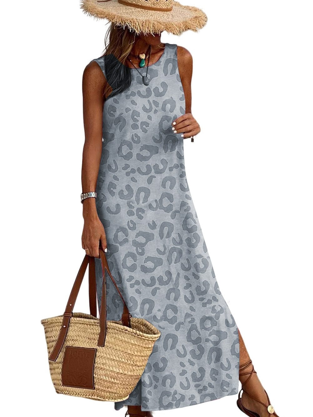 Elegant Gray Leopard Print Long Maxi Dress