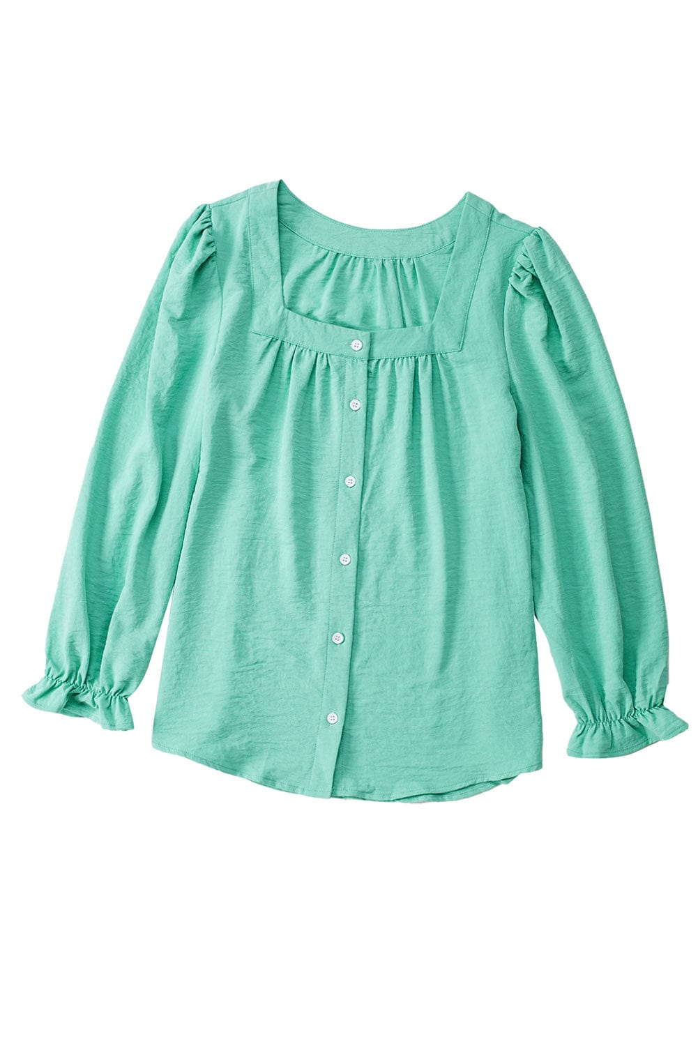Elegant Green Flounce Sleeve Square Neck Button-Up Blouse