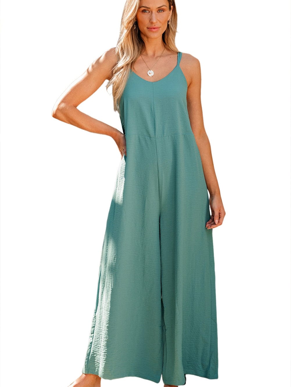 Elegant Green Wide Leg Jumpsuit with Spaghetti Straps