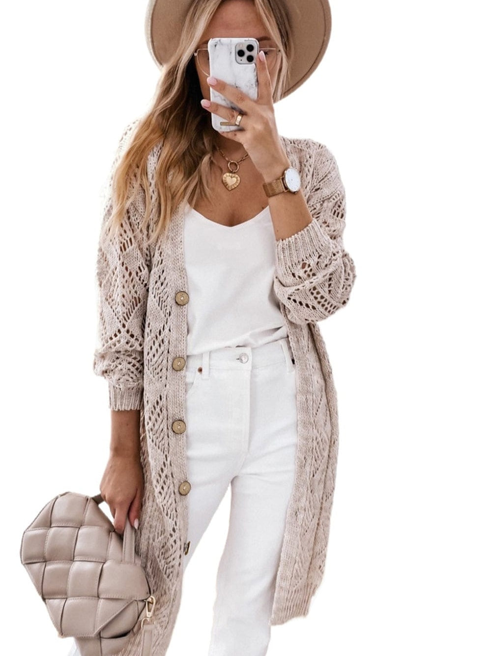Elegant Khaki Crochet Knit Cardigan with Openwork Detail