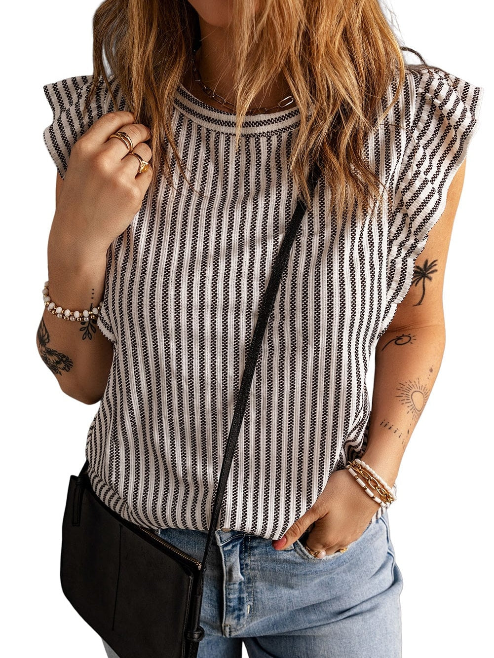 Elegant Khaki Striped Ruffle Tank Top