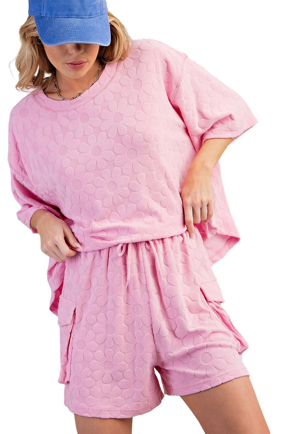 Elegant Pink Floral Textured Lounge Set with Short Sleeve Top and Shorts