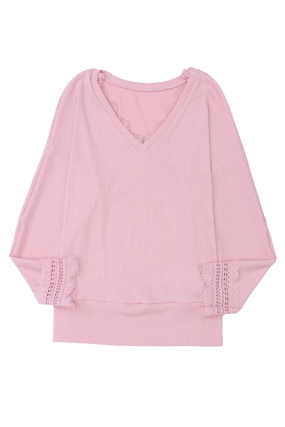 Elegant Pink Ribbed Lace Trim V Neck Long Sleeve Blouse