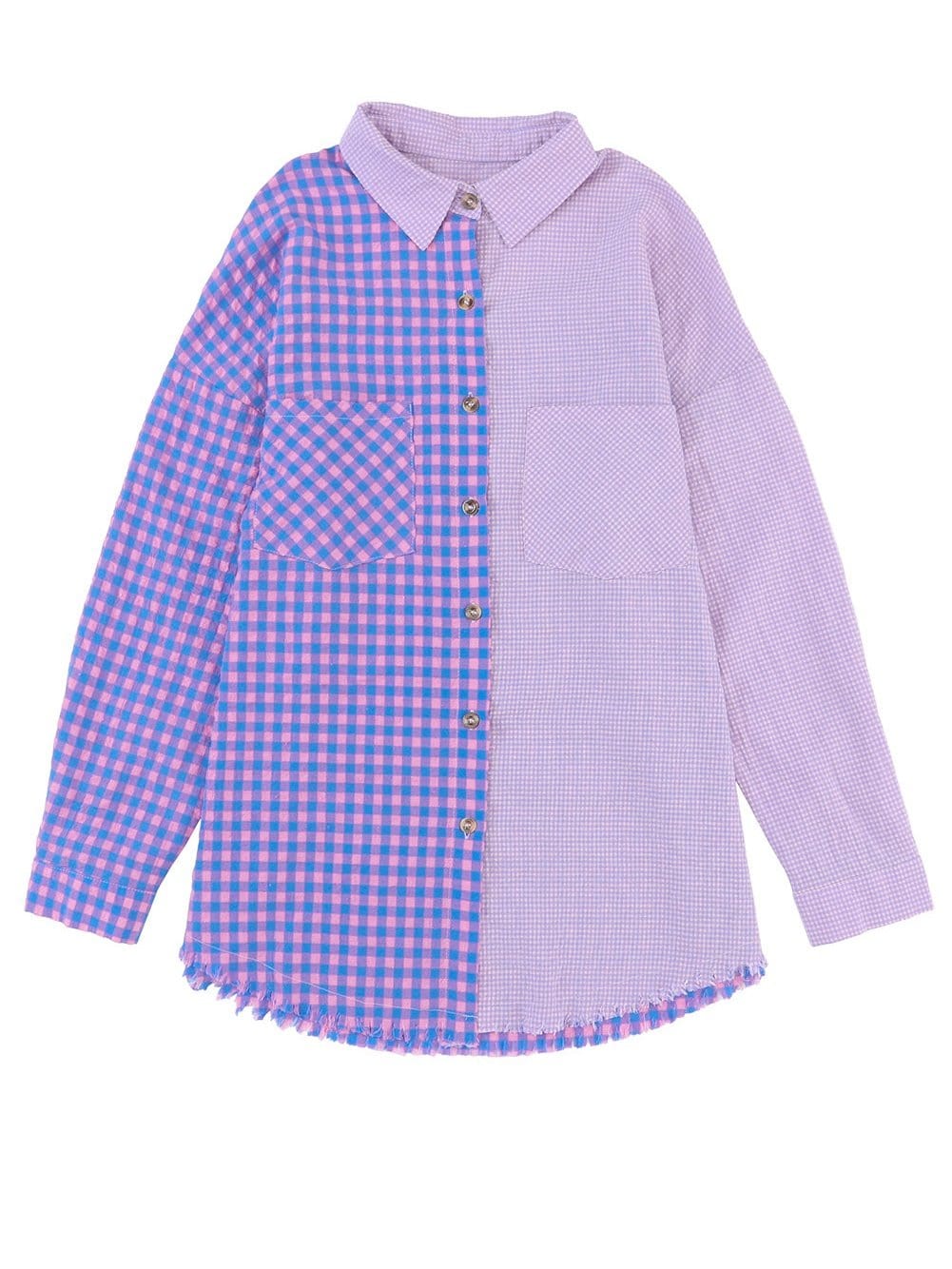 Elegant Plaid Print Purple Shirt with Button Detail