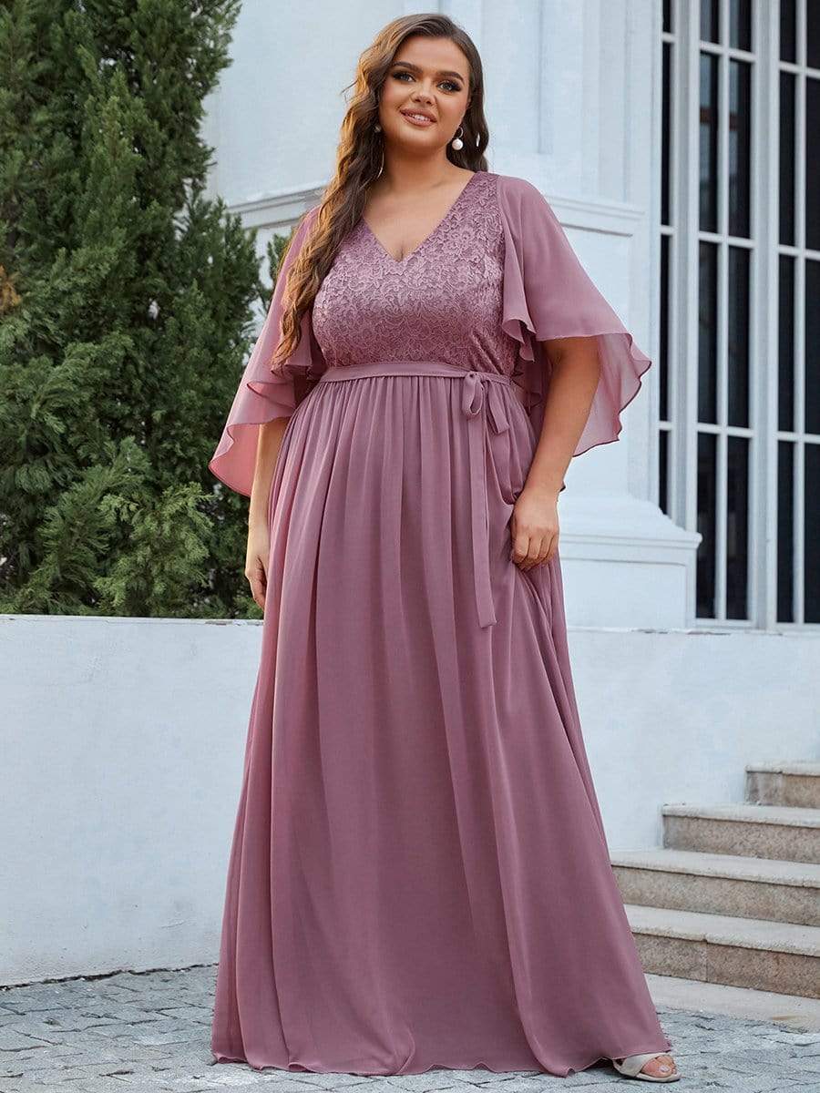 Elegant Plus Size Deep V Neck Lace Evening Gown