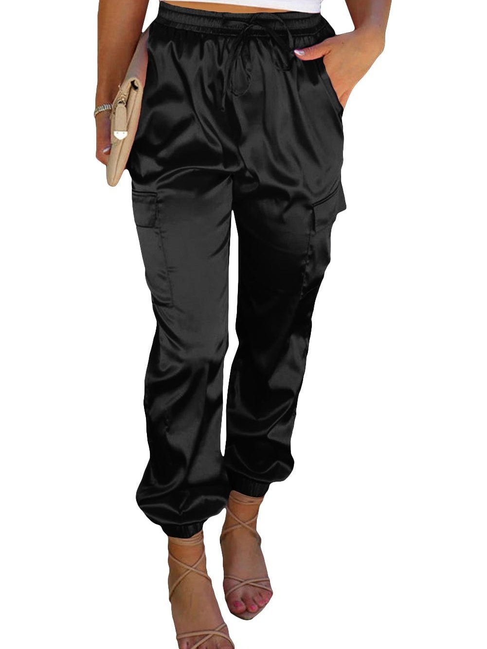 Elegant Rosy Satin Elastic Waist Pants with Pockets