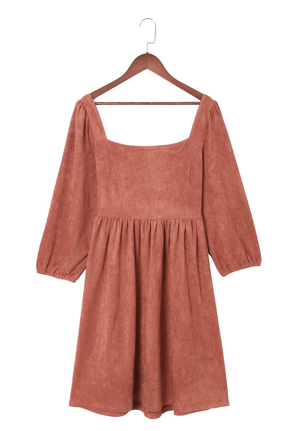 Elegant Square Neck Suede Dress with Puff Sleeves and High Waist