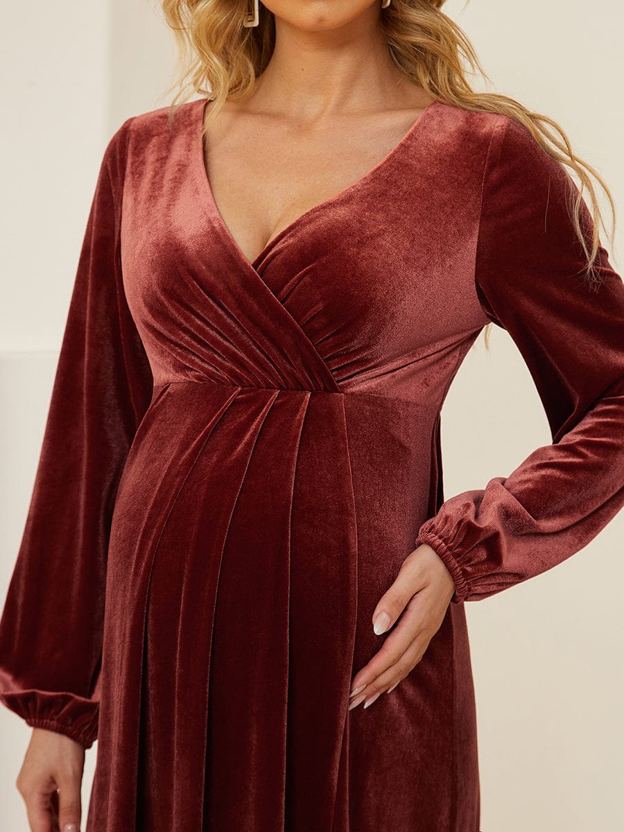 Elegant V-Neck Maternity Dress with Long Pagoda Sleeves