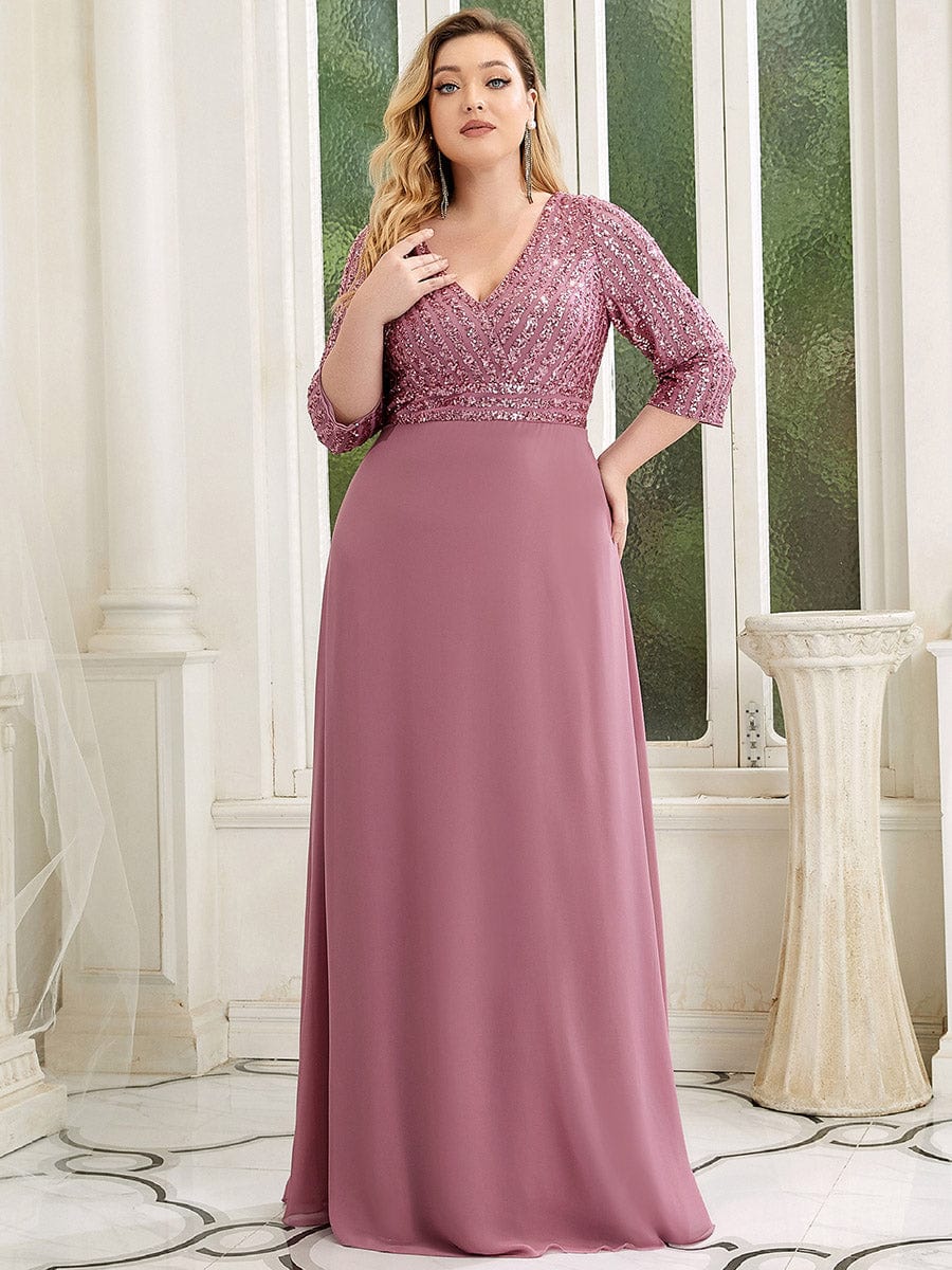 Elegant V Neck Sequin A-Line Evening Gown With 3/4 Sleeves