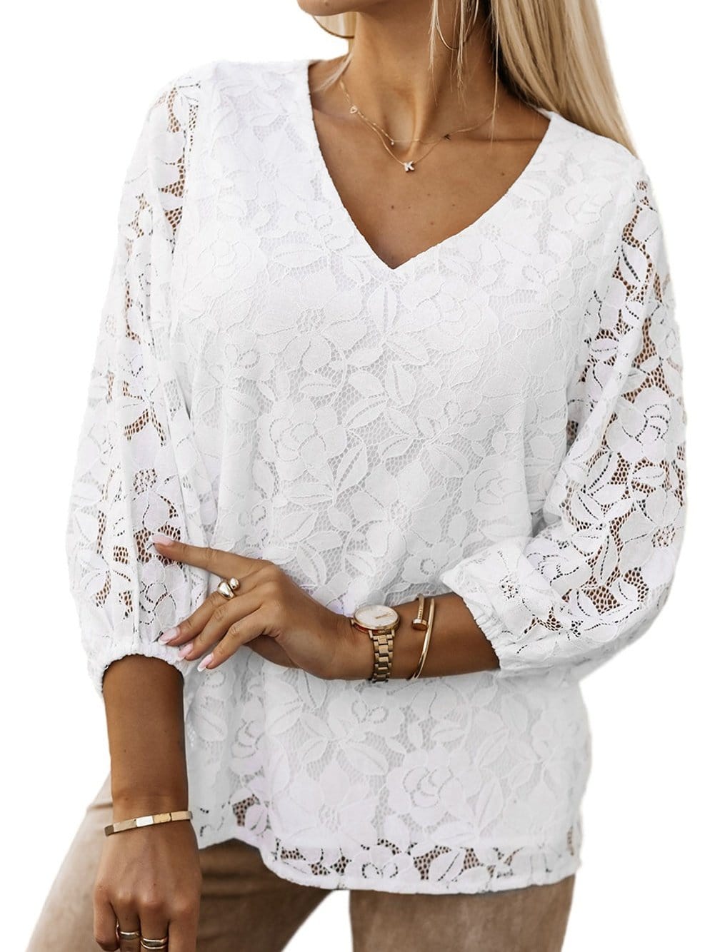 Elegant White Floral Lace V-Neck Top with Balloon Sleeves and Loose Fit