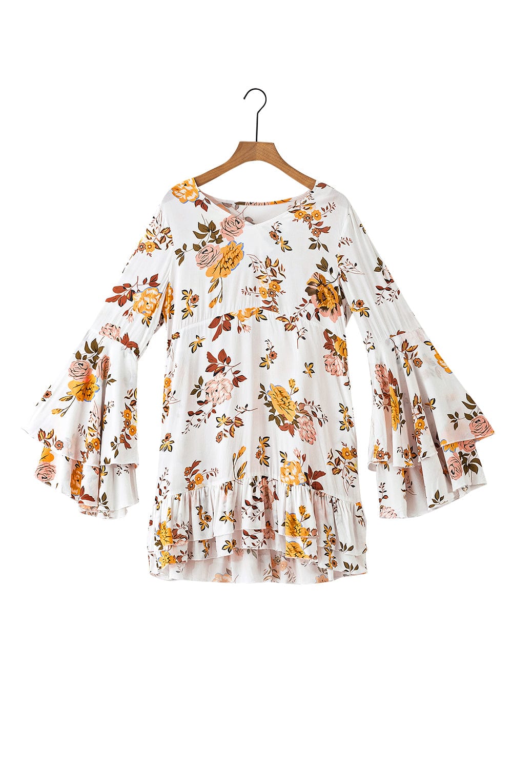Elegant White Floral Print Ruffle Sleeve Mini Dress