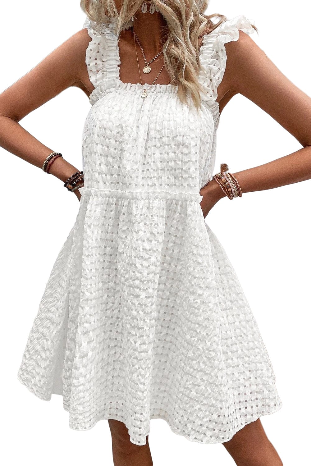 Elegant White Plaid Flowy Mini Dress with Ruffled Straps
