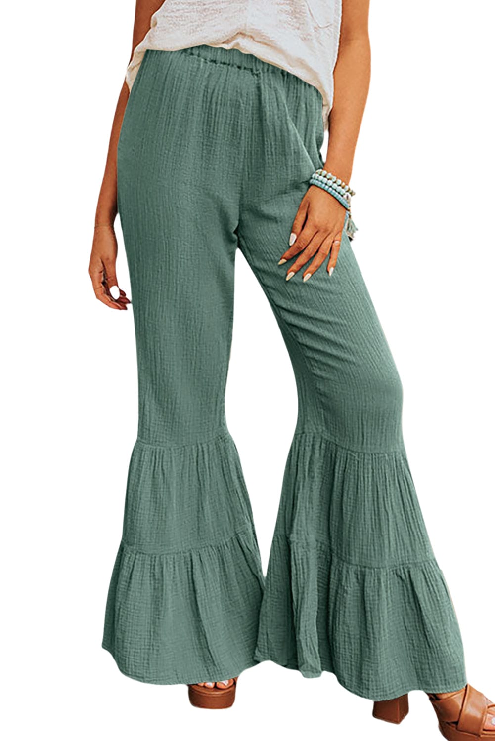 Emerald Green Flared Ruffle Pants with High Waist