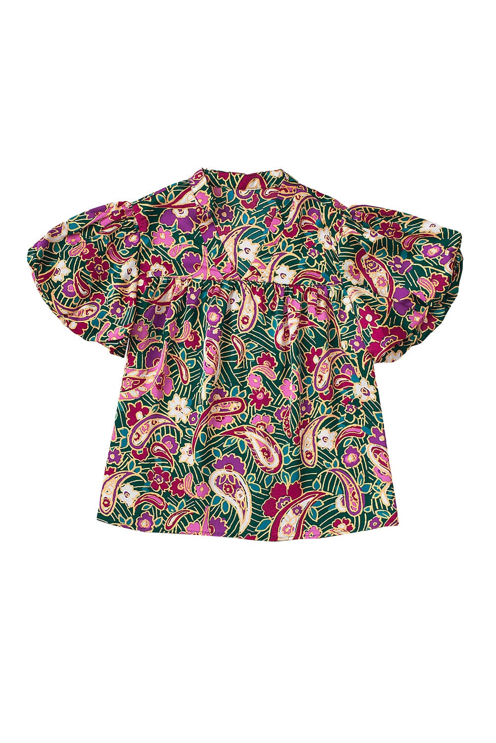Emerald Paisley Bubble Sleeve V Neck Blouse