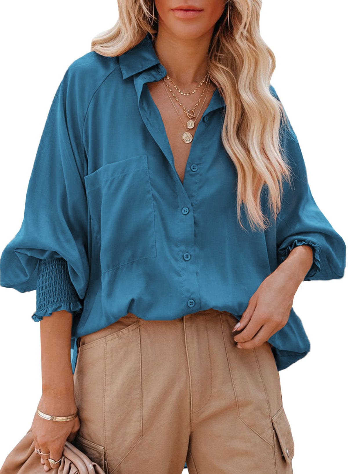 Emerald Smocked Cuff Oversized Blouse