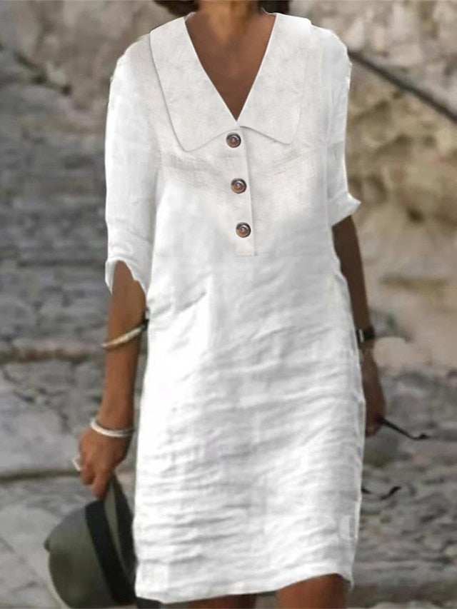 Women's Dress - Cotton Linen Dress Casual Dress Shift Dress Midi Dress Cotton Blend Fashion Modern Outdoor Daily Vacation Shirt Collar Button Half Sleeve Summer Spring 2023 Regular Fit White Blue Green Plain