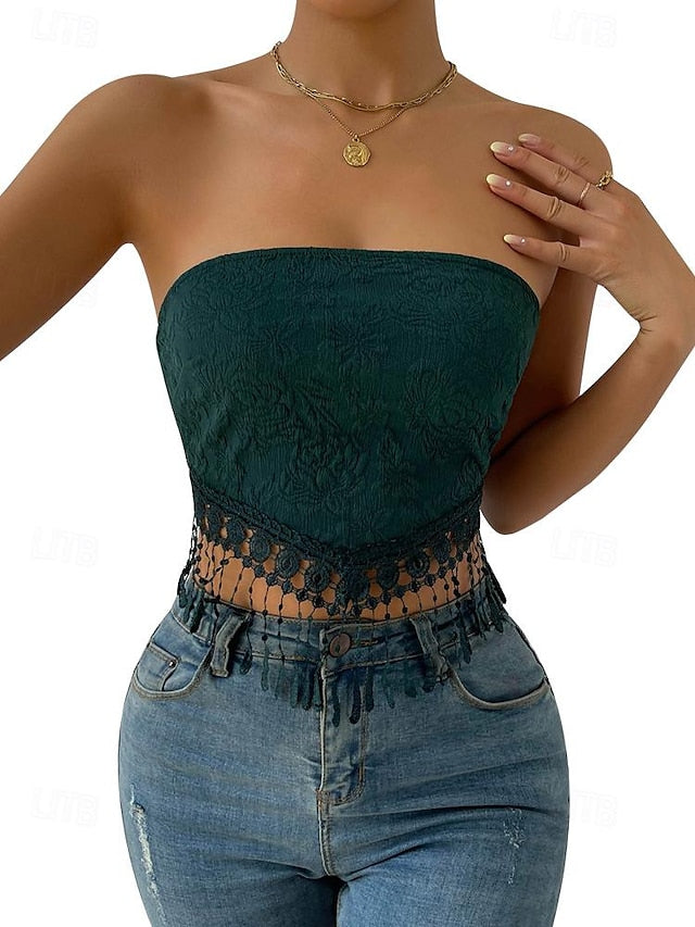 Lace Shirt Tube Top White Lace Shirt Women's White Yellow Pink Floral Tassel Street Daily Fashion S