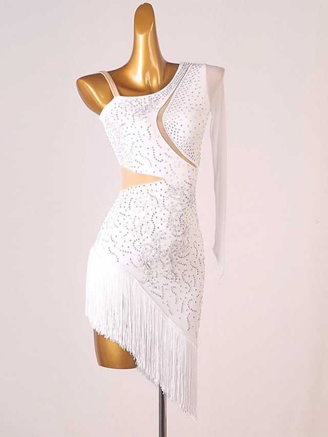 Latin Dance Dress Tassel Split Joint Crystals / Rhinestones Women's Performance Training Long Sleeve Chinlon Mesh - LuckyFash™