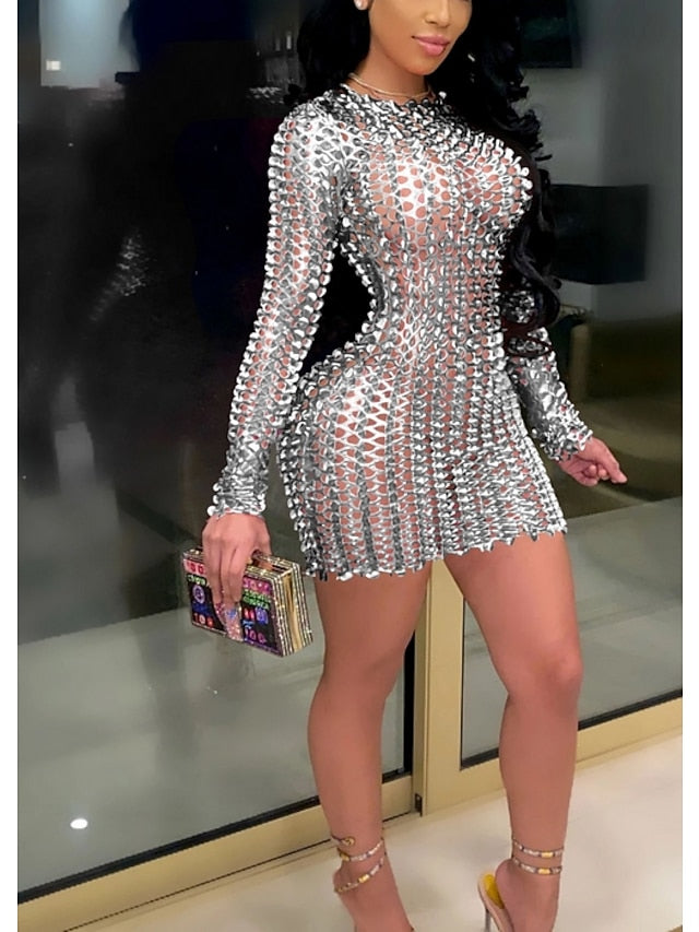 Women's Dress - Party Dress Holiday Dress Bodycon Mini Dress Silver Black Red Long Sleeve Pure Color Hollow Out Spring Fall Winter Crew Neck Fashion Winter Dress Fall Dress Spring Dress 2022 S M L XL XXL