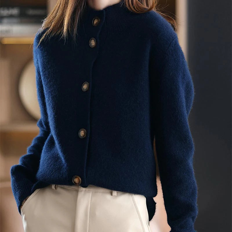 Women's Cardigan Sweater Stand Collar Knit Acrylic Button Knitted Fall Winter Outdoor Home Daily Stylish Basic Casual Long Sleeve Pure Color Camel Brown Beige One-Size S M