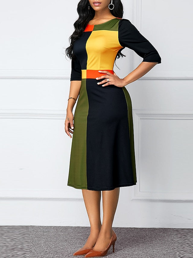 Women's Dress - Sheath Dress Church Dress Midi Dress Green 3/4 Length Sleeve Color Block Patchwork Summer Spring Crew Neck Elegant 2023 S M L XL XXL