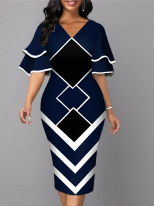Women's Dress - Bodycon Sheath Dress Modern Dress Midi Dress Yellow Wine Royal Blue Half Sleeve Print Ruffle Summer Spring V Neck Stylish 2023 S M L XL XXL 3XL 4XL 5XL