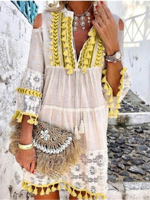 Women's Dress - Shift Dress Boho Dress Mini Dress White Yellow Pink 3/4 Length Sleeve Pure Color Tassel Fringe Summer Spring V Neck Vacation Loose Fit 2023 S M L XL XXL 3XL 4XL 5XL