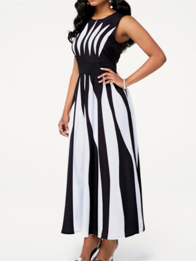 Women's Dress - Striped Casual Dress Swing Dress Long Dress Maxi Dress White Sleeveless Pocket Spring Summer Crew Neck Weekend Loose Fit 2023 S M L XL XXL 3XL 4XL 5XL