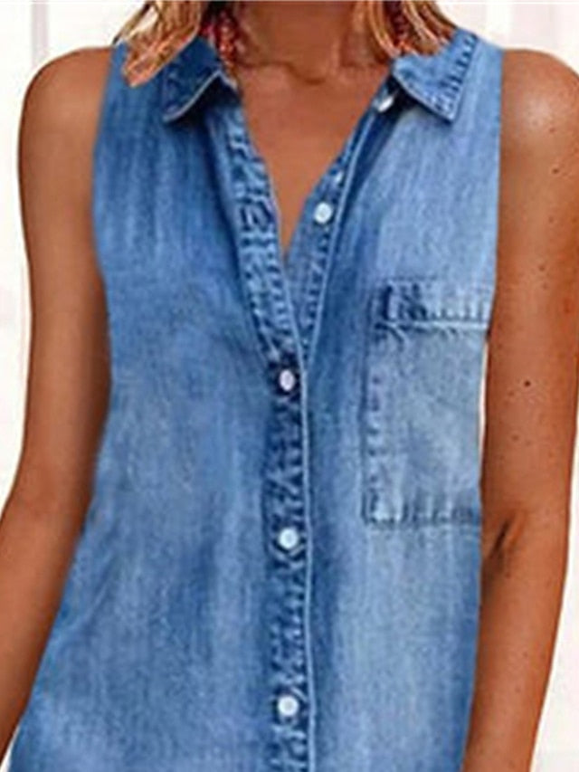 Women's Dress - Casual Dress Denim Shirt Dress Mini Dress Denim Modern Casual Outdoor Daily Shirt Collar Button Pocket Sleeveless Summer Spring 2023 Regular Fit Blue Plain S M L XL 2XL