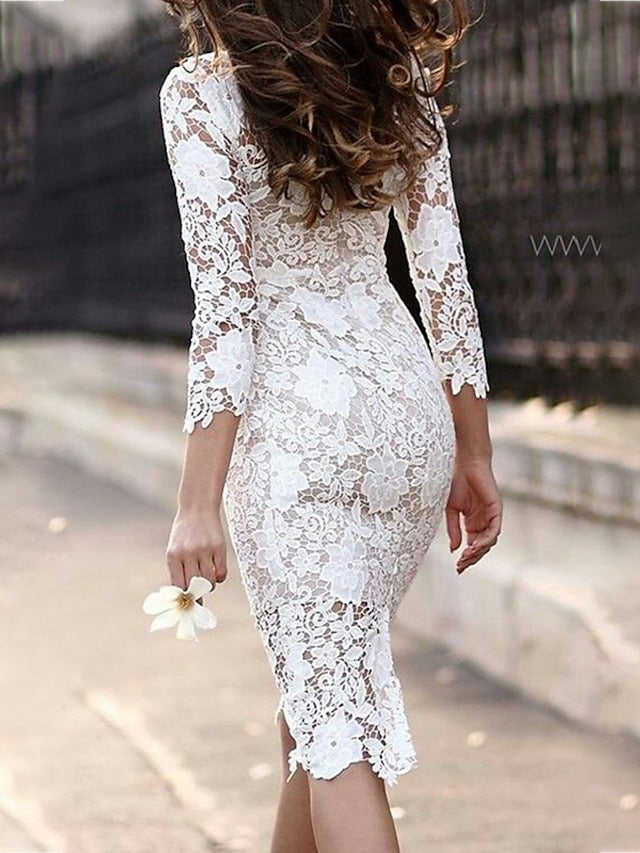 Women's Dress - Party Dress Wedding Guest Dress Lace Dress White Dress Knee Length Dress White 3/4 Length Sleeve Pure Color Lace Fall Spring Summer Crew Neck Party Party Vacation 2022 S M L XL