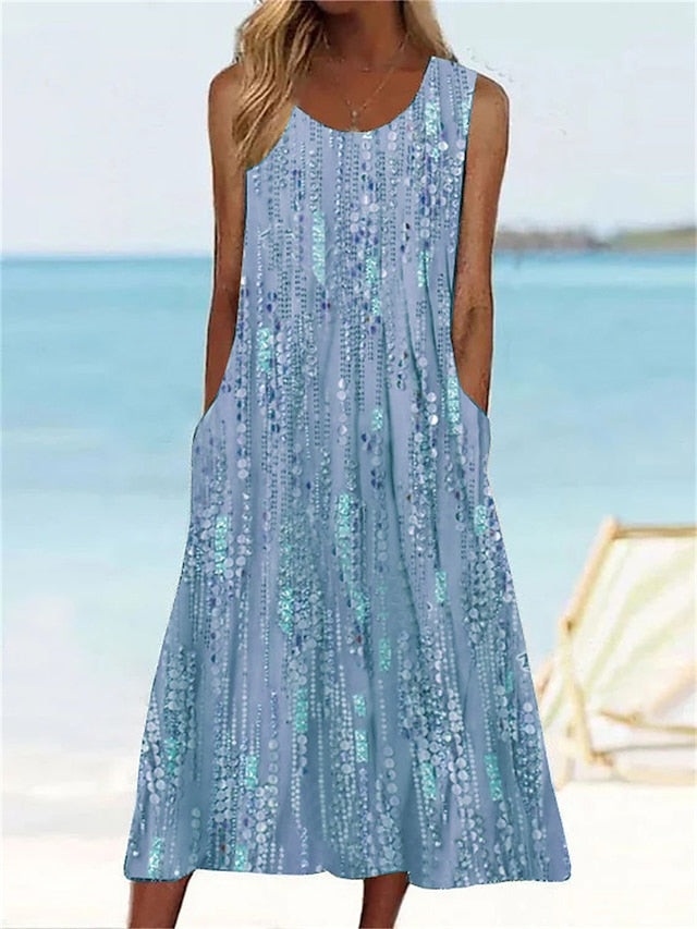 Women's Dress - Casual Dress Tank Dress Summer Dress Graphic Floral Ruched Pocket Crew Neck Midi Dress Fashion Modern Outdoor Daily Sleeveless Regular Fit Light Green Blue Brown Summer Spring S M L XL XXL